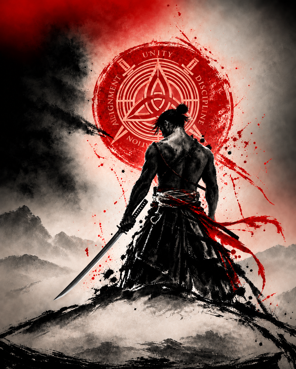 Sensei Micah Farris official MUSUBI founder graphic: ink-style swordsman before the red MUSUBI crest