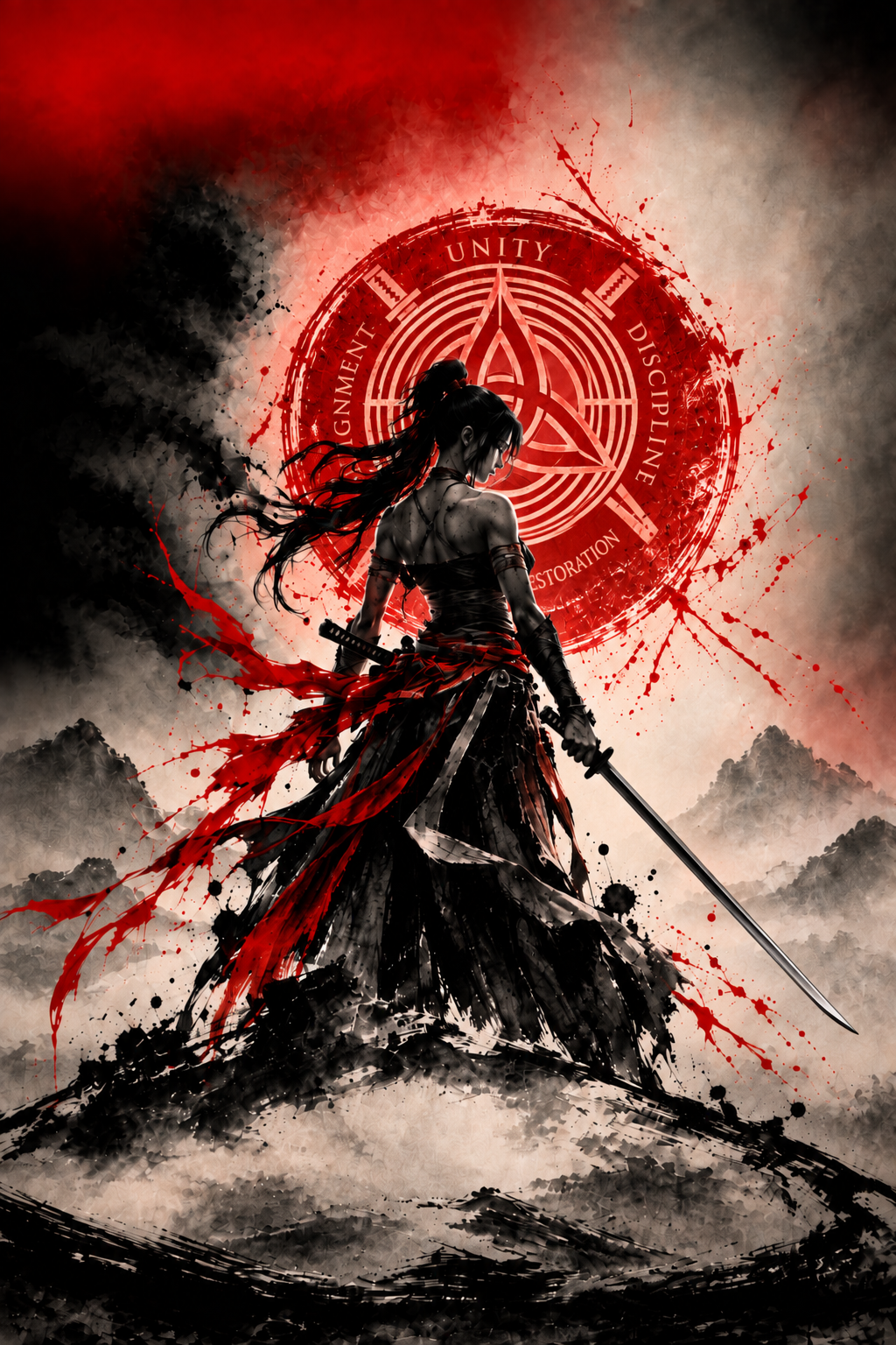 Kelli J. Farris, Kyōshi Kell, official MUSUBI founder graphic: ink-style warrior before the red MUSUBI crest